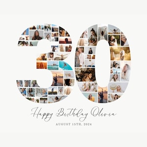 May include: A photo collage in the shape of the number 30, filled with multiple images. The text "Happy Birthday Olivia" and "August 15th, 2024" are written in script below the number. A personalized birthday gift.