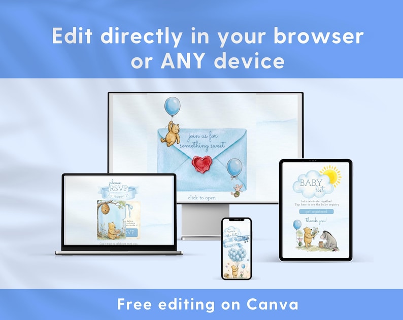 Winnie the Pooh Baby Shower Website Invitation Template, Baby Boy RSVP Evite, Classic Pooh Mobile Invite, Canva