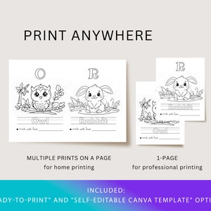 May include: Black and white printable alphabet learning cards featuring an owl and a rabbit. The cards include the letters O and R, and the words "Owl" and "Rabbit".