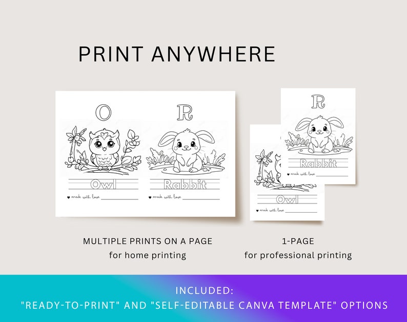 May include: Black and white printable alphabet learning cards featuring an owl and a rabbit. The cards include the letters O and R, and the words "Owl" and "Rabbit".