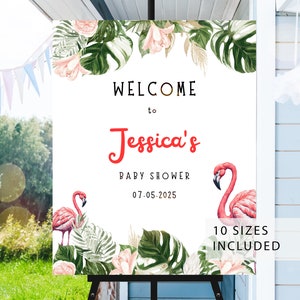 Letrero de bienvenida para baby shower con flamenco rosa editable, letrero de bienvenida para baby shower con flamenco tropical imprimible, decoración con flamencos, UK29X