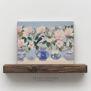 Vintage Chinoiserie Magnolia Print, Blue and White Painting Spring Decor, Printable Bird and Floral Wall Art, Digital Download