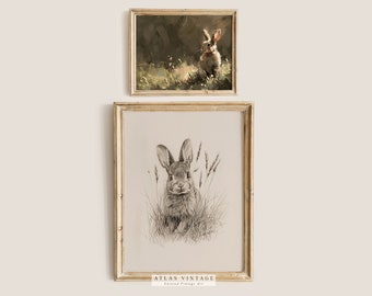 Vintage Easter Bunny Set of 2 Print, Country Farmhouse Printable Wall Art, Rabbit Sketch Drawing, Rustic Easter Decor, Digital Hare Painting