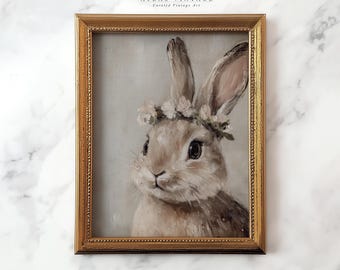 impression vintage de lapin de Pâques : peinture florale de lapin, décoration de chambre d'enfant de ressort (téléchargement numérique)