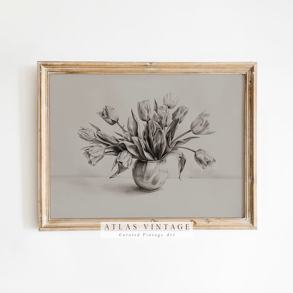 Vintage Tulip Sketch Print, Beige Botanical Drawing (digital