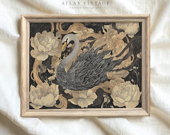Vintage Black Swan Floral Print, Gothic Academia Wall Art (Digital Download)