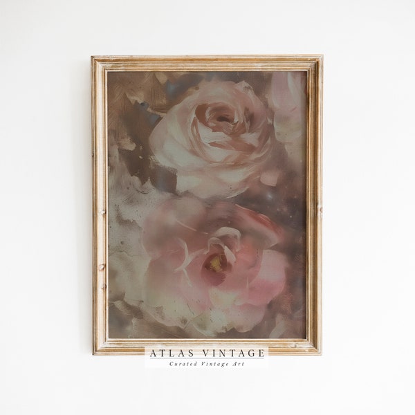 Vintage Abstract Rose Print, Antique Pink Flower Painting, French Country Spring Décor, Muted Floral Printable Wall Art, Digital Download