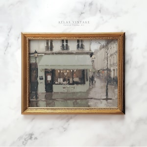 Vintage Parisian Cafe Painting Print, Rainy Street Printable Wall Art, French Bistro Digital Download, Cozy Paris Cityscape Decor