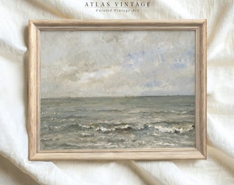 May include: A framed painting of a seascape with a cloudy sky and choppy waves. The painting is in a light wood frame.