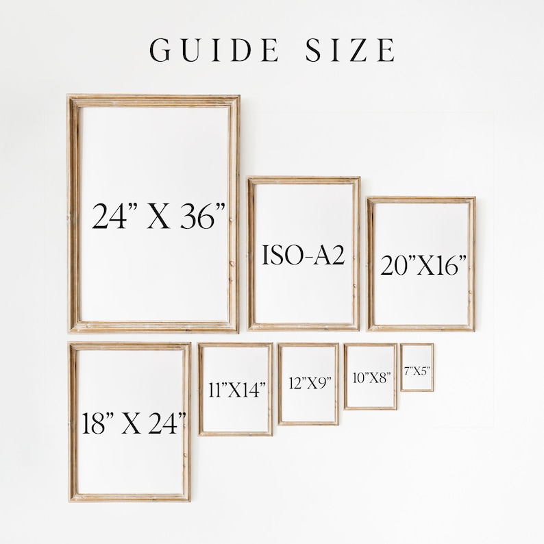 May include: A guide to different picture frame sizes, with the largest frame measuring 24 inches by 36 inches and the smallest measuring 7 inches by 5 inches. The frames are arranged in a descending size order from left to right.