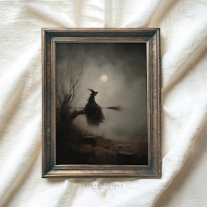 Vintage Witch Under Full Moon Print, Gothic Haunted Forest Painting Printable Wall Art,Spooky Halloween Dark Academia Decor,Digital Download