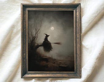 Impresión vintage de bruja y luna llena, decoración gótica de Halloween (descarga digital)