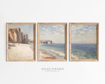 Conjunto de láminas vintage de acantilados costeros franceses, tríptico de pintura playera (descarga digital)