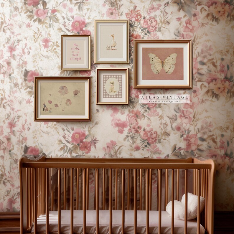 Vintage Nursery Gallery Wall Art Set, Labrador Dog, Butterfly, Duckling ...