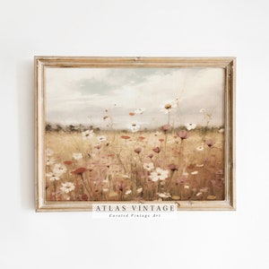 Vintage Floral Spring Print, Landscape Flower Meadow Oil Painting, Wildflower Field Country Farmhouse Printable Wall Art, Digital Download