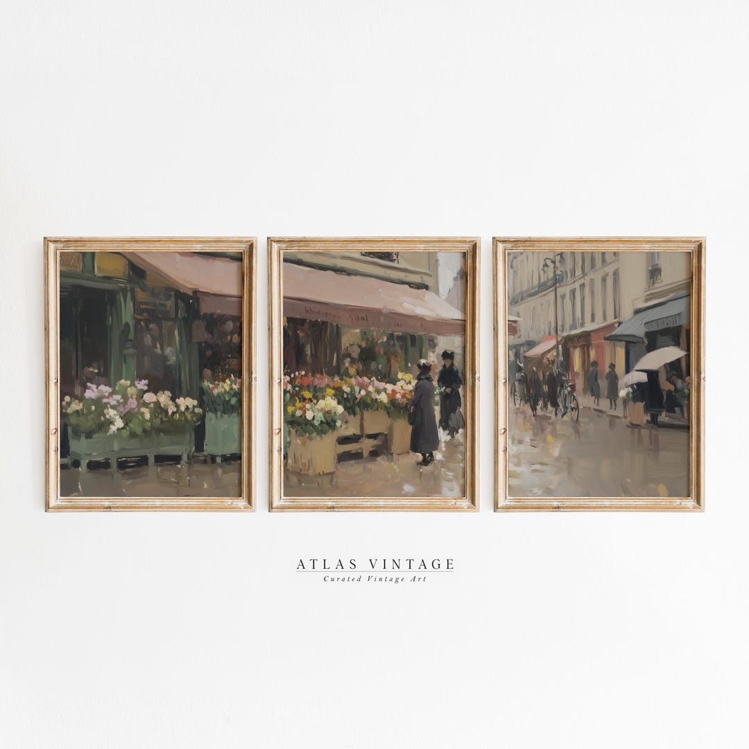 Set of 3 Vintage Paris Flower Market Print, French City Street Painting ...