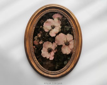 Vintage Pink Flower Still Life Painting Print, Dark Academia Botanical Art (Digital Download)