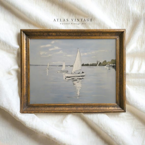 ヴィンテージ帆船の絵画、海岸の海のプリント、ビーチハウスの航海