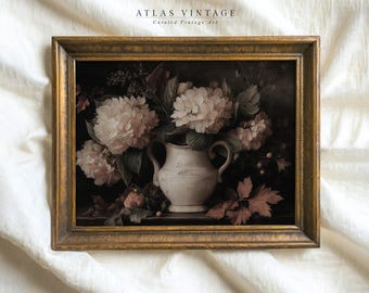 Moody Fall Floral Still Life Print, Vintage Hydrangea Flower Vase Printable Wall Art, Botanical Autumn Dark Academia Decor, Digital Download
