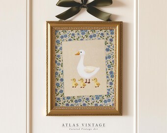 Vintage Easter Duck Print, Spring Farmhouse Animal Painting Printable Wall Art, Cottagecore Nursery Decor, Country Duck Digital Download
