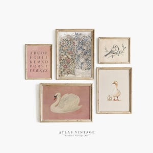 Printable Nursery Wall Art Set of 5 Prints, Vintage Swan Painting, Pastel Gallery Wall Set for Girl's Room Decor, Digital Download