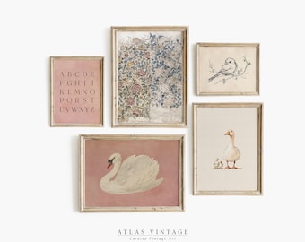 Afdrukbare kinderkamer kunst aan de muur set van 5 prints, vintage zwaan schilderij, pastel galerij muur set voor decor meisjeskamer, digitale download