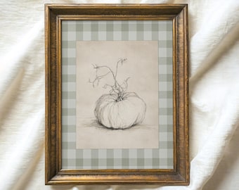 May include: Framed vintage art print featuring a detailed pencil sketch of a pumpkin with vines. The artwork is set against a light green and white checkered background, encased in a gold-toned wooden frame. The text "ATLAS VINTAGE" and "Curated Vintage Art" are at the top.