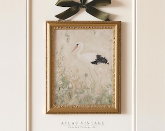 Vintage Stork Painting Print, Floral Wildlife Art (Digital Download)
