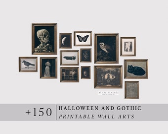 May include: A collection of framed Halloween and Gothic printable wall art. The images include a skull, a crow, a butterfly, an owl, and a black cat. The frames are gold-toned, and the overall aesthetic is vintage.