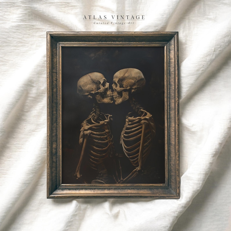 Spooky skeleton lovers embracing, framed by shadows.