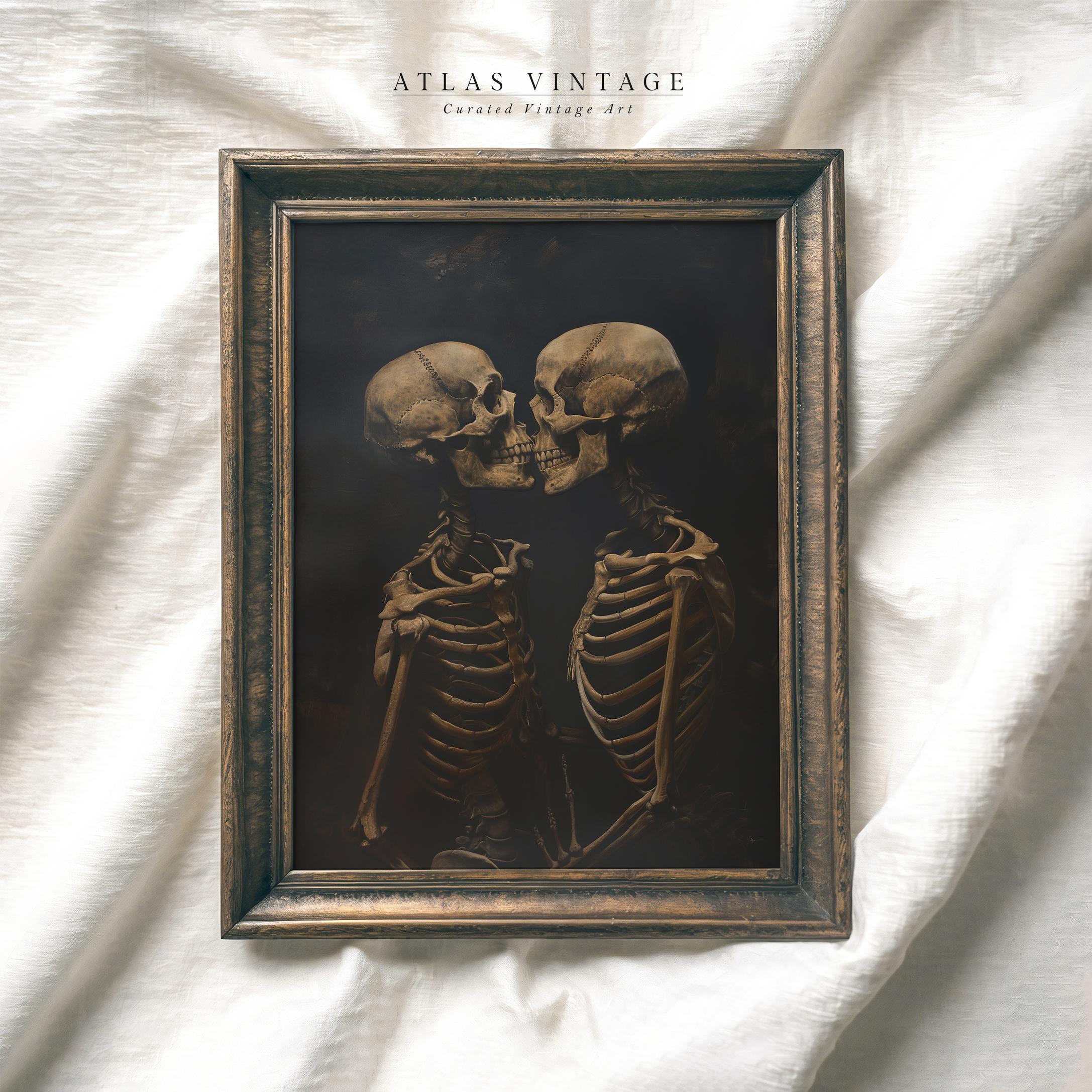 Vintage Skeleton Couple Kissing Painting, Spooky Halloween Print, Creepy Bedroom Decor Digital, Dark Academia Valentine Printable Wall Art