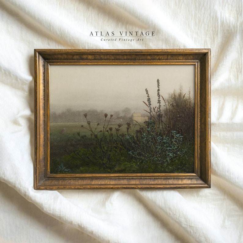 "Vintage Misty Morning Print - Antique Moody Green Landscape Painting"