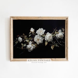 Peinture rose blanche vintage, art mural floral foncé (téléchargement numérique)
