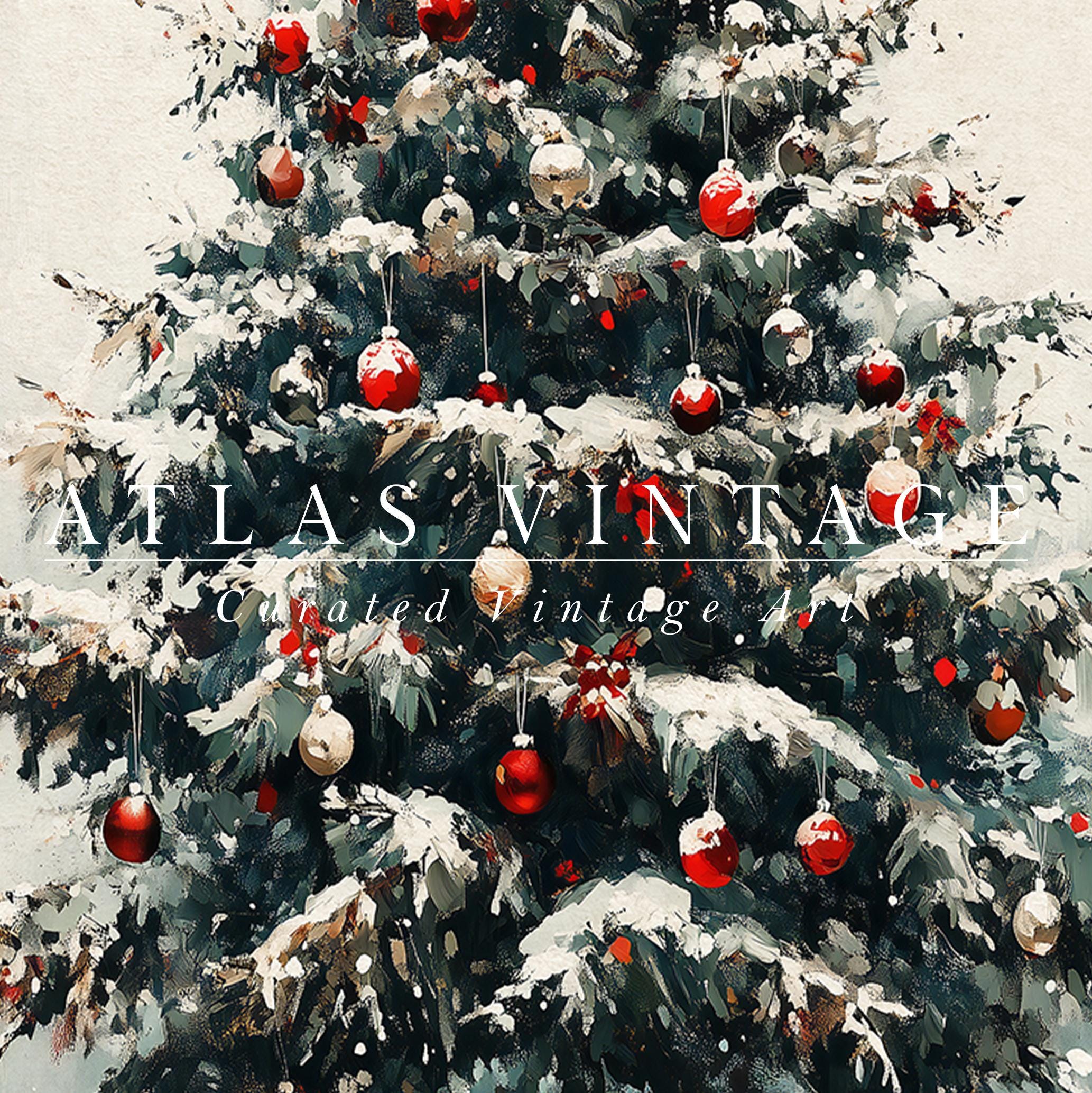ヴィンテージクリスマスツリープリント、冬の常緑樹の絵画