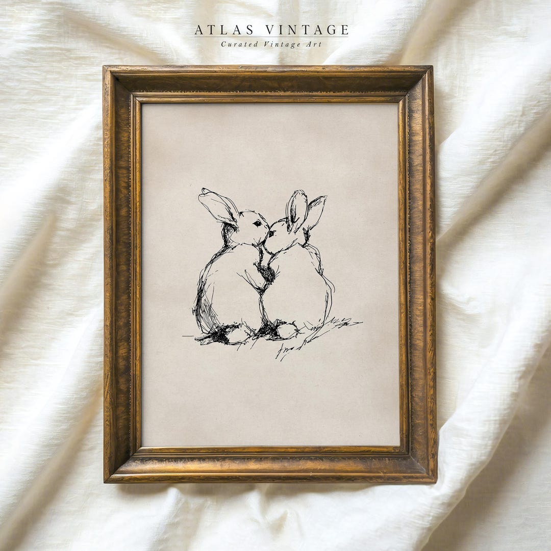 Rabbit Couple Ink Drawing Print, Minimalist Easter Bunny Art (digital ...