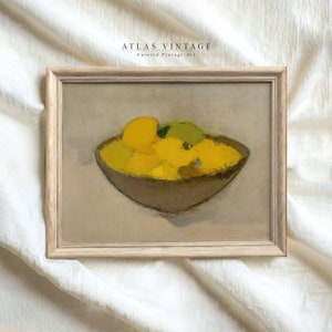 Minimalistische citroenkom olieverfschilderij print - rustieke keuken fruit decor - vintage abstracte stilleven boerderij afdrukbare muurkunst