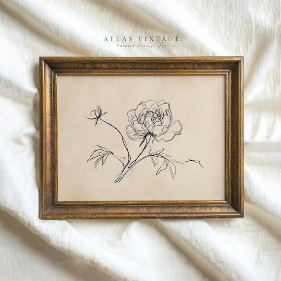 Vintage Peony Line Art Prin, Minimalist Beige Floral Drawing, Elegant B&W Flower Sketch, Rustic Farmhouse Botanical Decor, Digital Download