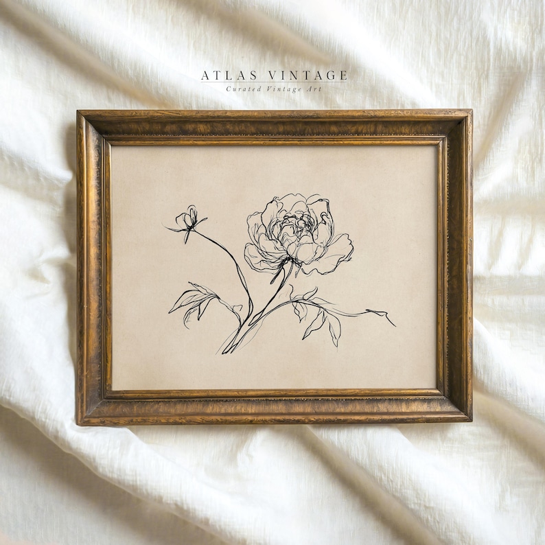 Rustic farmhouse botanical decor featuring a delicate peony illustration