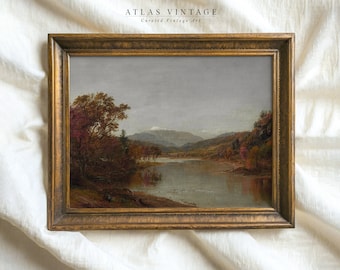 Moody Autumn Oil Painting, Rustic Fall Lake Landscape Print, Vintage ...