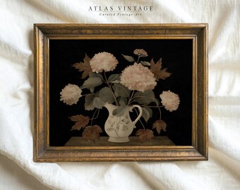 Moody Fall Floral Still Life Print, Vintage Hydrangea Flower Vase Printable Wall Art, Botanical Autumn Dark Academia Decor, Digital Download
