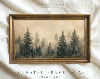 Arte vintage para televisor Samsung Frame con temática de bosque invernal, paisaje navideño con pinos (descarga digital)