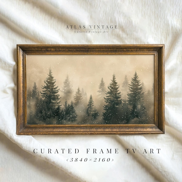Vintage Winter Forest Samsung Frame TV Art, Christmas Pine Tree Landscape (Digital Download)