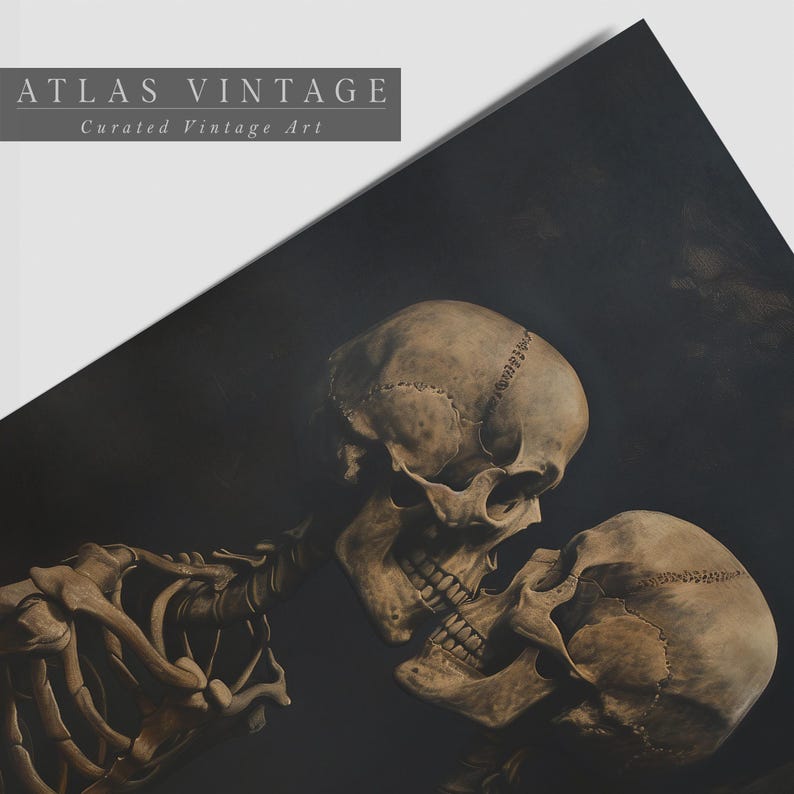 Dark Academia-inspired skeleton couple wall art.