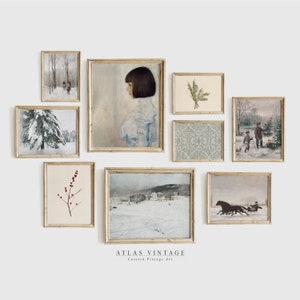Vintage Winter Gallery Wall Set Of 9 Prints | Neutral Farmhouse Wall Decor | Winter Landscape Painting Wall Art | Printable Digital Download