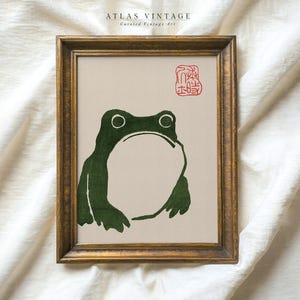 Minimalist Japanese Matsumoto Hoji Frog Print, Wabi Sabi Woodblock Frog Printable Wall Art, Sumi-E Style Green Frog Ink Drawing,