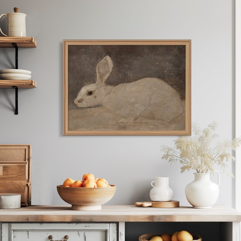 Impresión de conejos de Pascua vintage, pintura de conejo de primavera antigua, decoración de casa de campo neutra digital, arte de pared rústico oscuro y melancólico para imprimir imagen 2