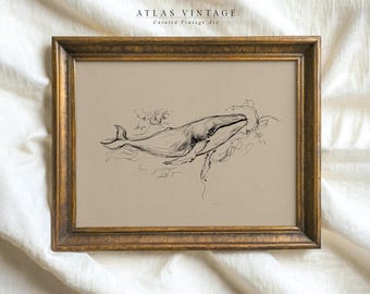 Impresión de dibujo de tinta de ballena minimalista vintage, arte de pared imprimible con boceto de animales del océano, decoración de ballena para guardería de verano costero, arte lineal de peces digital