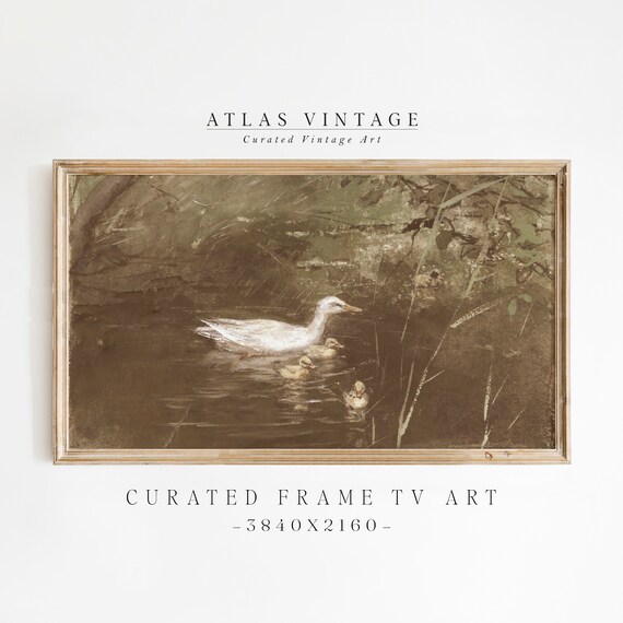 Vintage Spring Frame Tv Art, Duck with Duckling Easter Samsung Frame Tv Art, Farmhouse Muted Green Screensaver, French Country Nursey Décor