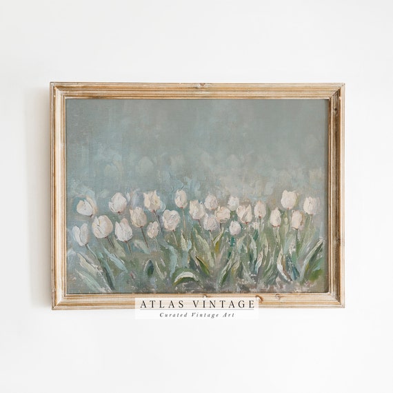 Vintage Tulip Flower Summer Print, White Floral Spring Painting, Botanical Garden Farmhouse Decor Digital, French Country Printable Wall Art