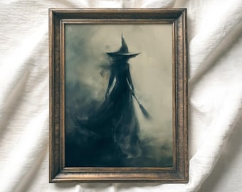 Witchy Printable Wall Art, Dark Gothic Witch Painting, Vintage Witch with Broom Halloween Print, Spooky Cottagecore Decor Digital Download